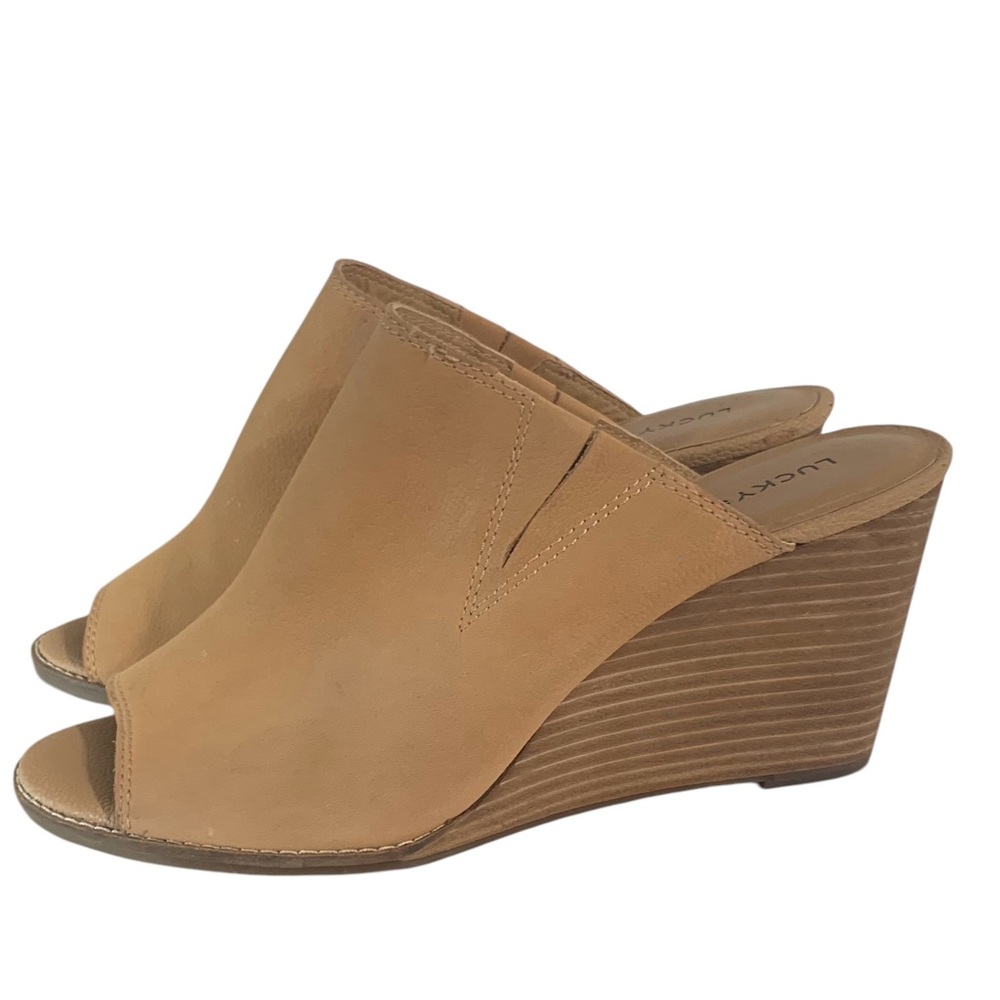 LUCKY BRAND Camel Leather Open Toe Wedge Mules Sz 10